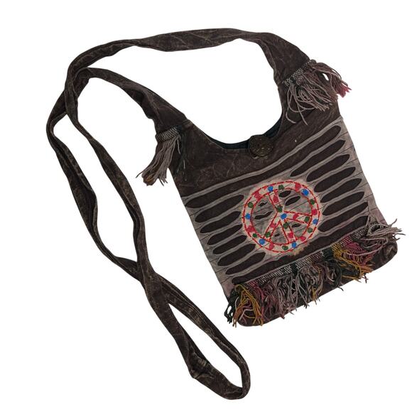 Vintage Handbags - Boho Peace Sign Sling Crossbody Bag Purse Zip Top Lined Fringe Festival